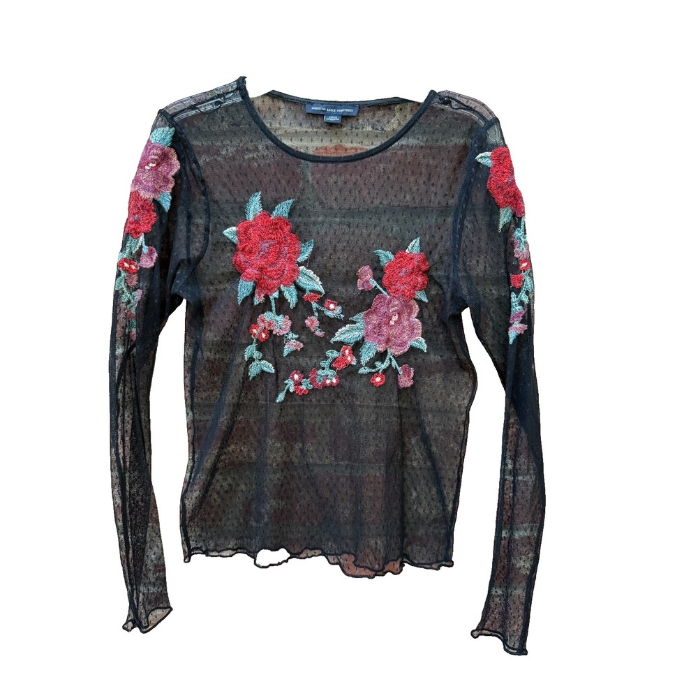 Whimsygoth American Eagle Black Roses Embroidered Mesh Sheer Top Small Y2K Style